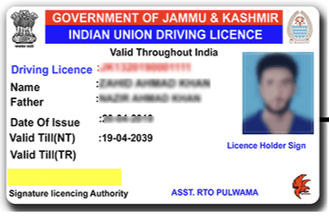 Jammu and Kashmir Driving Licence (DL) PVC Card Print